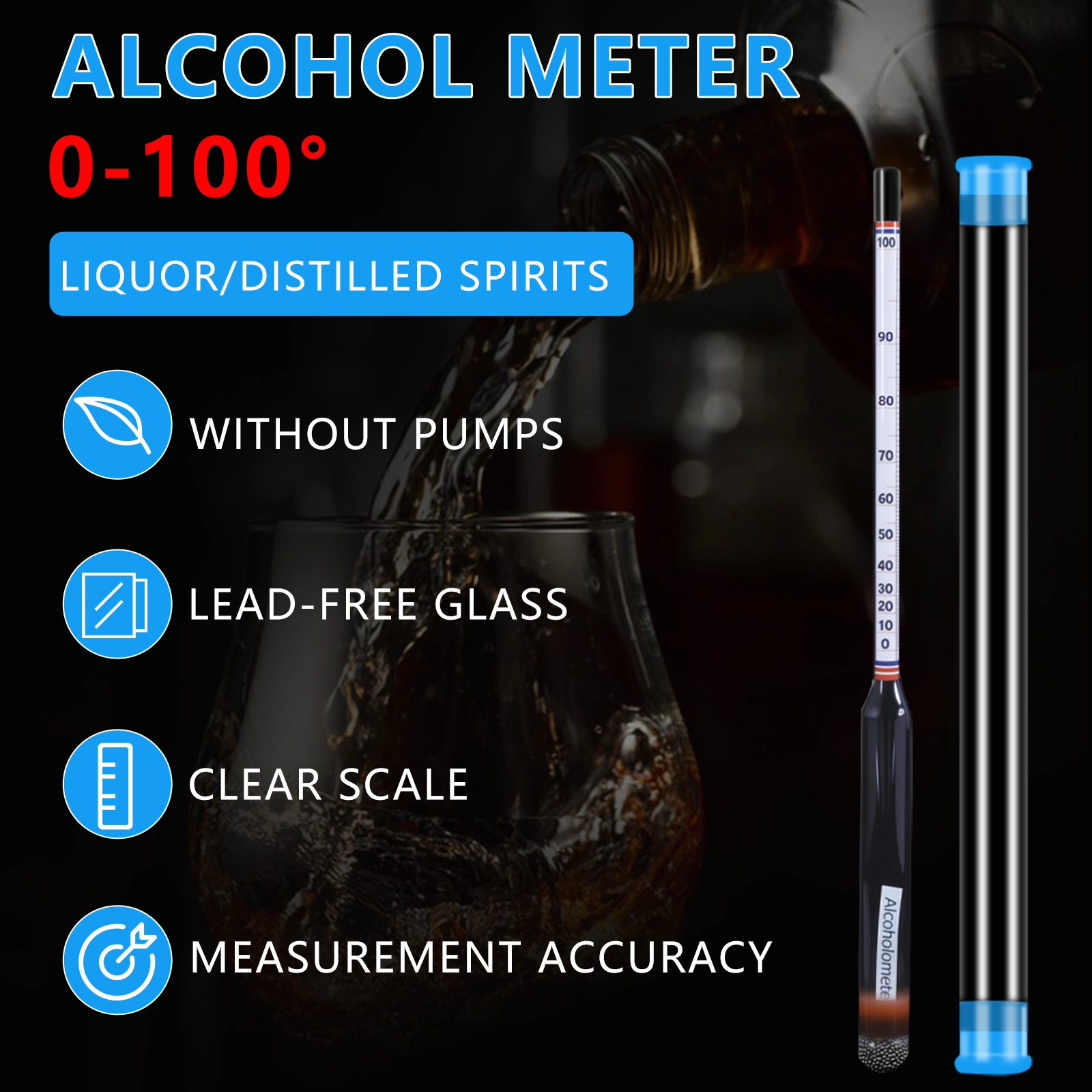Professional 0-100 alcohol meter for liquor and distilled spirits lead-free glass