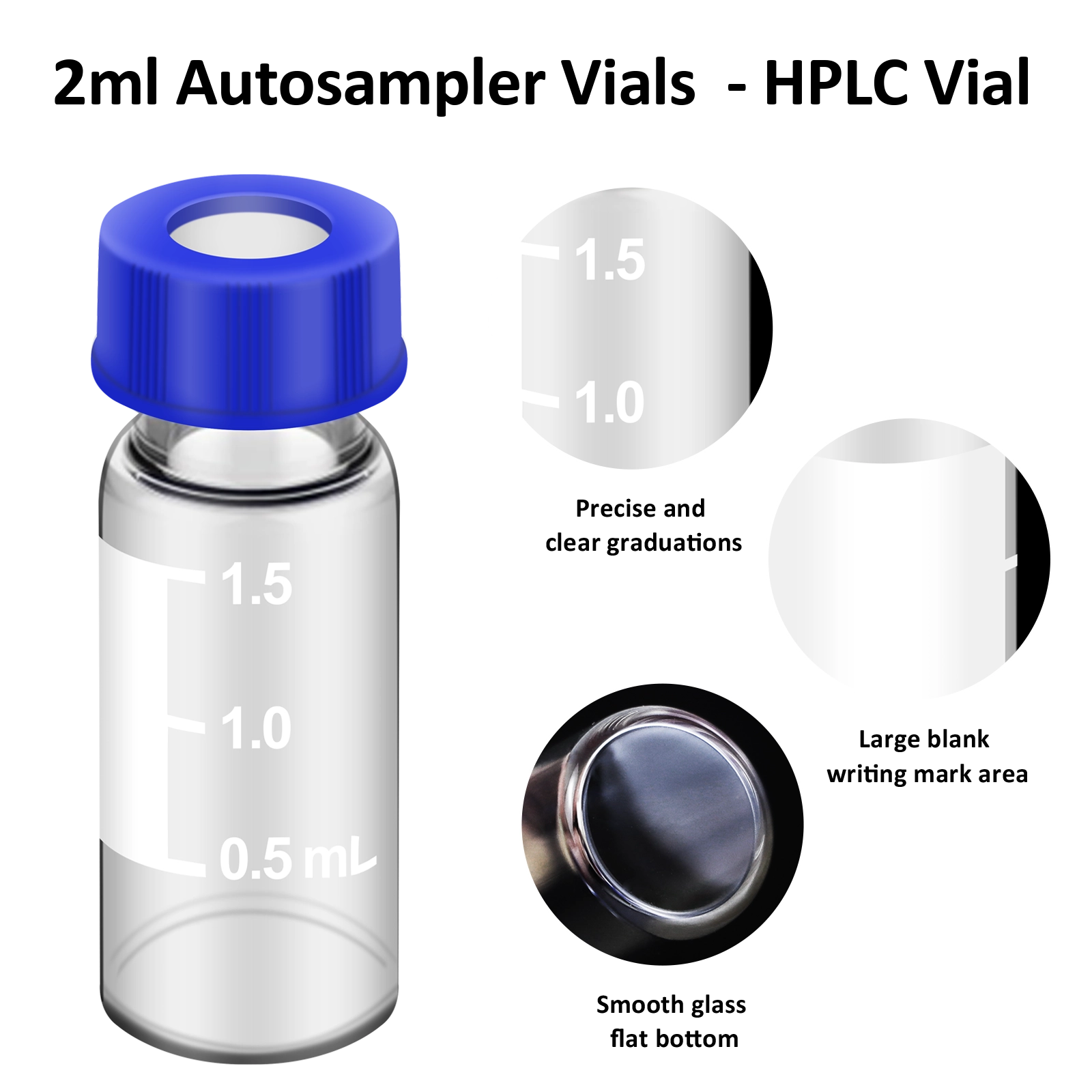 Close-up of 1.5ml graduation marks and white writing area on vial