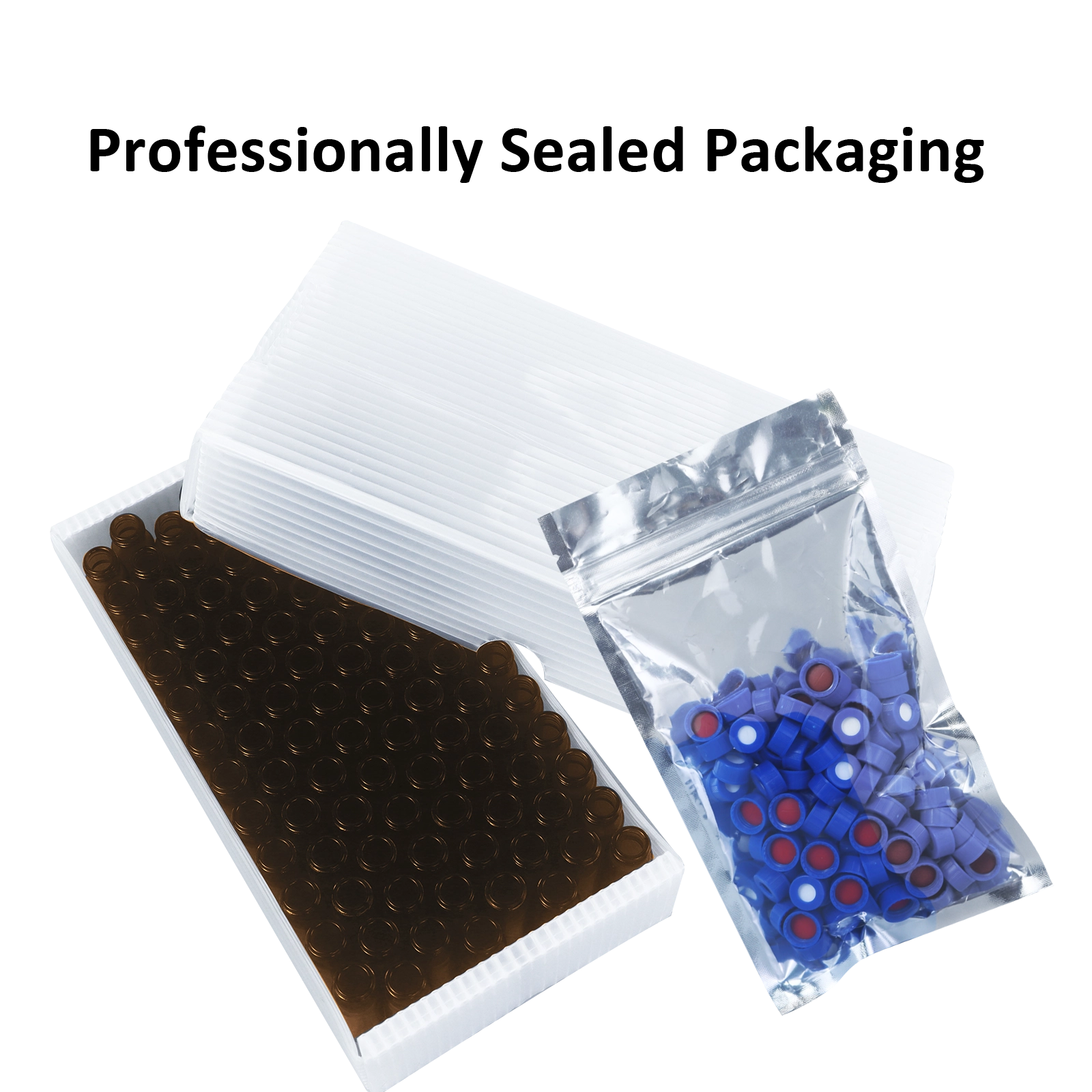 100pcs 1.5ml vials in brown rack and 100pcs caps in sealed bags
