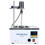 Front view of Xin Tester DXY-2HD compact electric overhead stirring oil bath, featuring a digital PID controller and stainless steel inner tank.