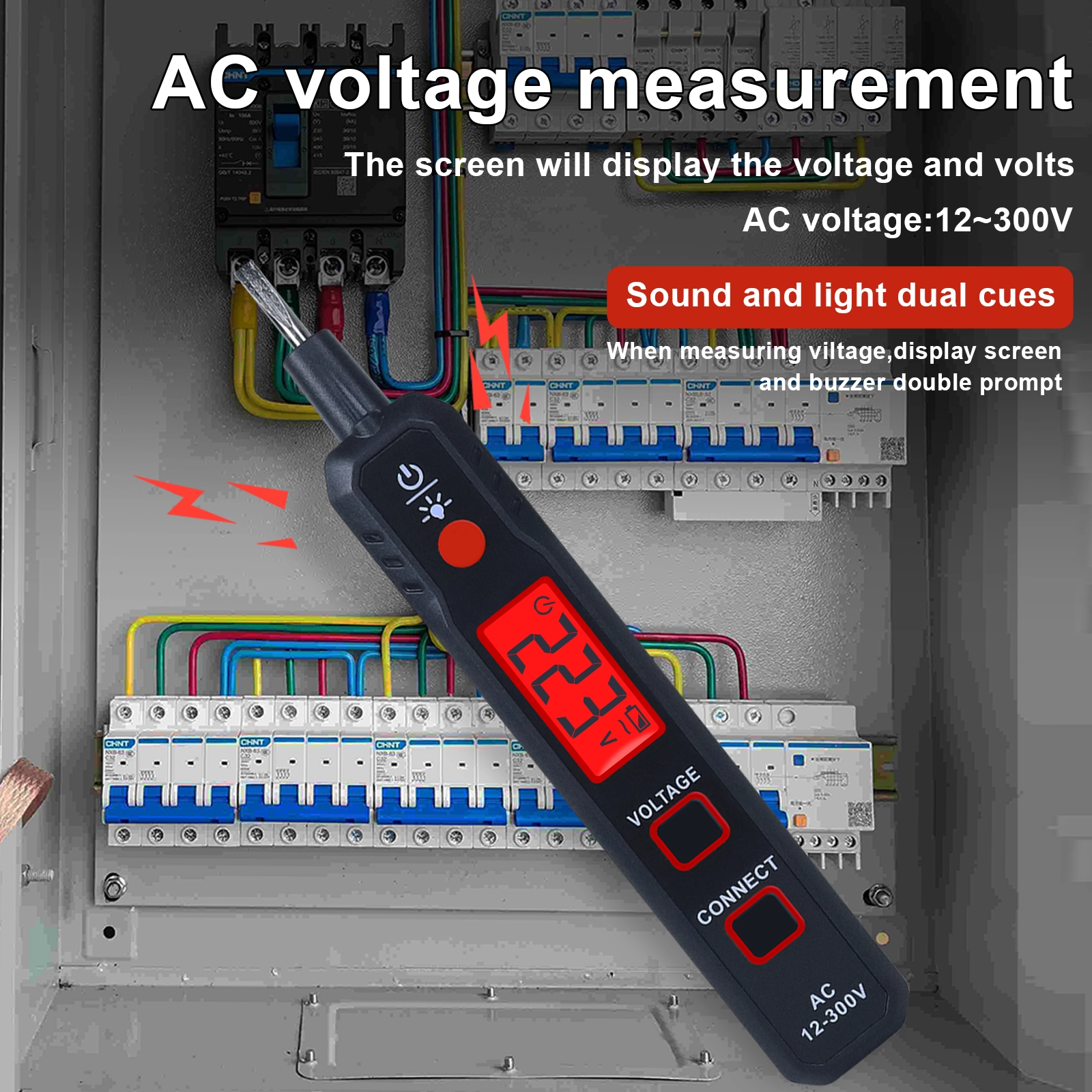 Measuring 223V AC voltage at a circuit breaker panel using the digital probe.