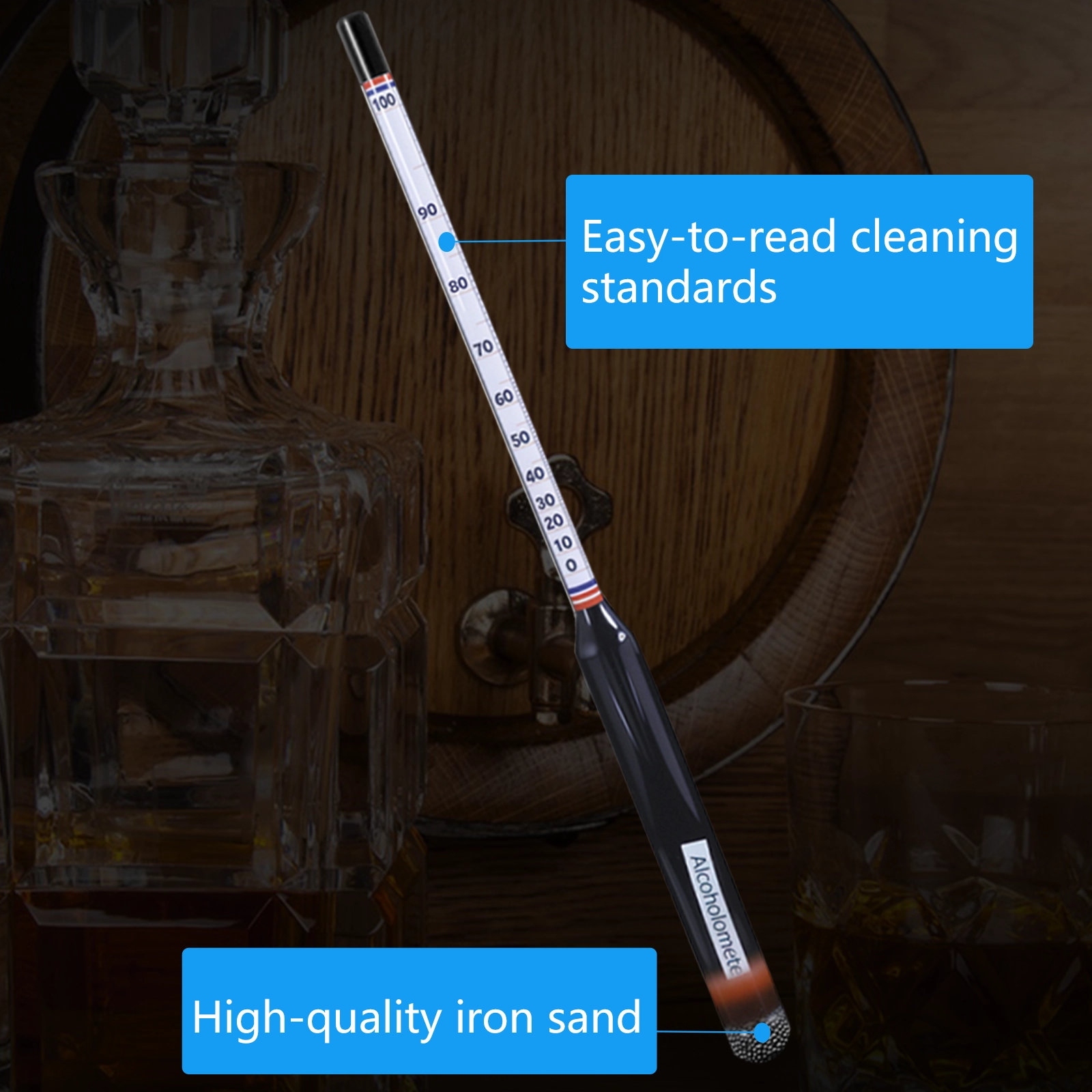 Detail of high-quality iron sand ballast in the bottom of a glass alcohol hydrometer