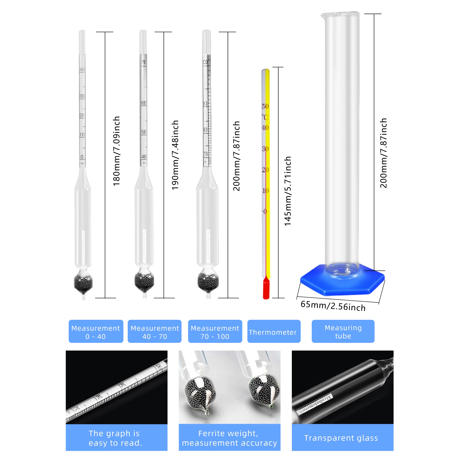 Detailed dimensions and packing list for the 5-piece alcoholometer kit