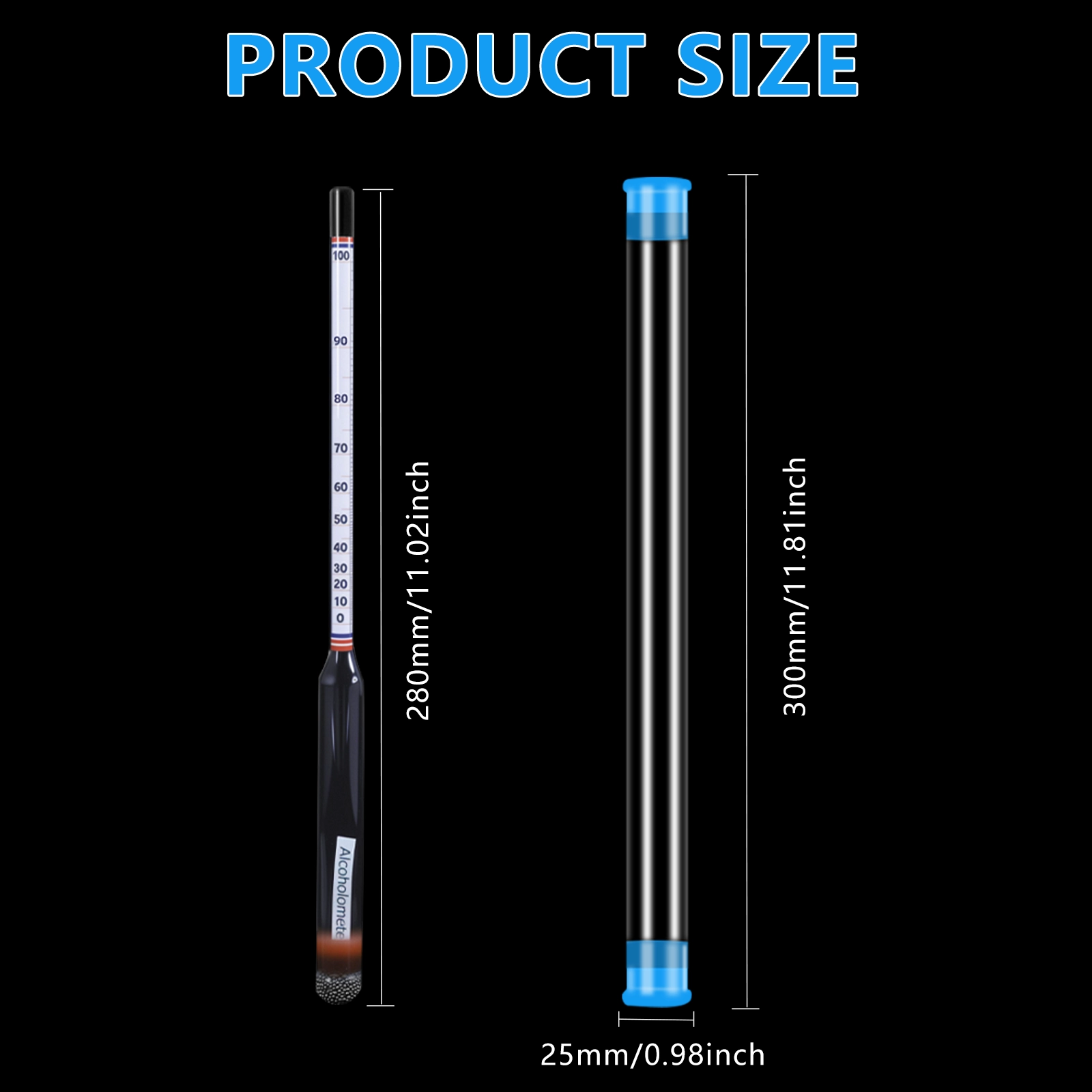 Alcohol meter size chart showing 11.02 inch length and 11.81 inch protective case