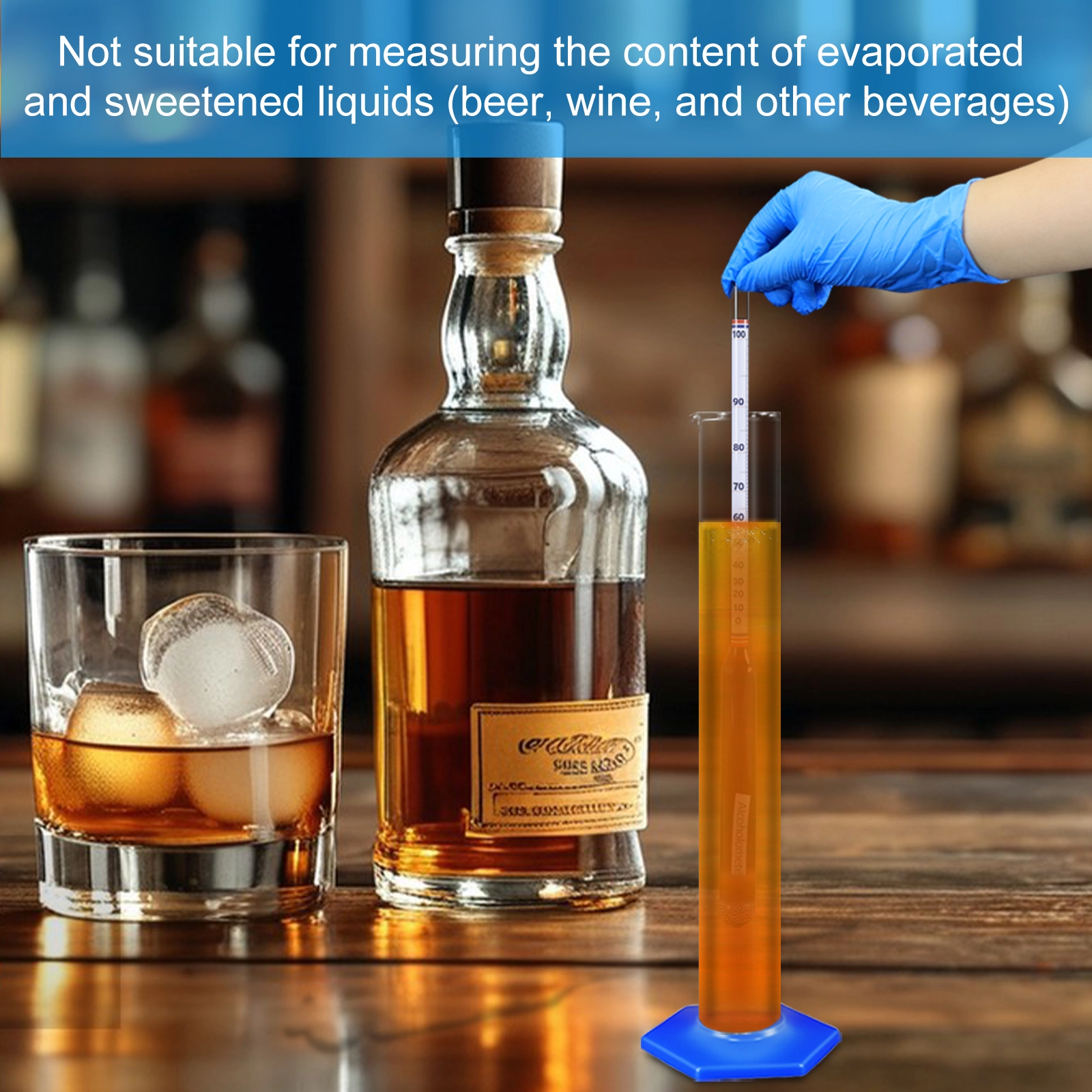 Testing whiskey alcohol content with a hydrometer and caution note about fermented beverages