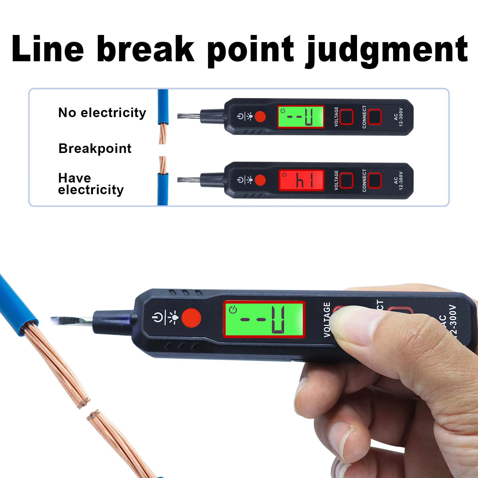 Using a digital voltage tester to locate a breakpoint in a blue insulated wire.