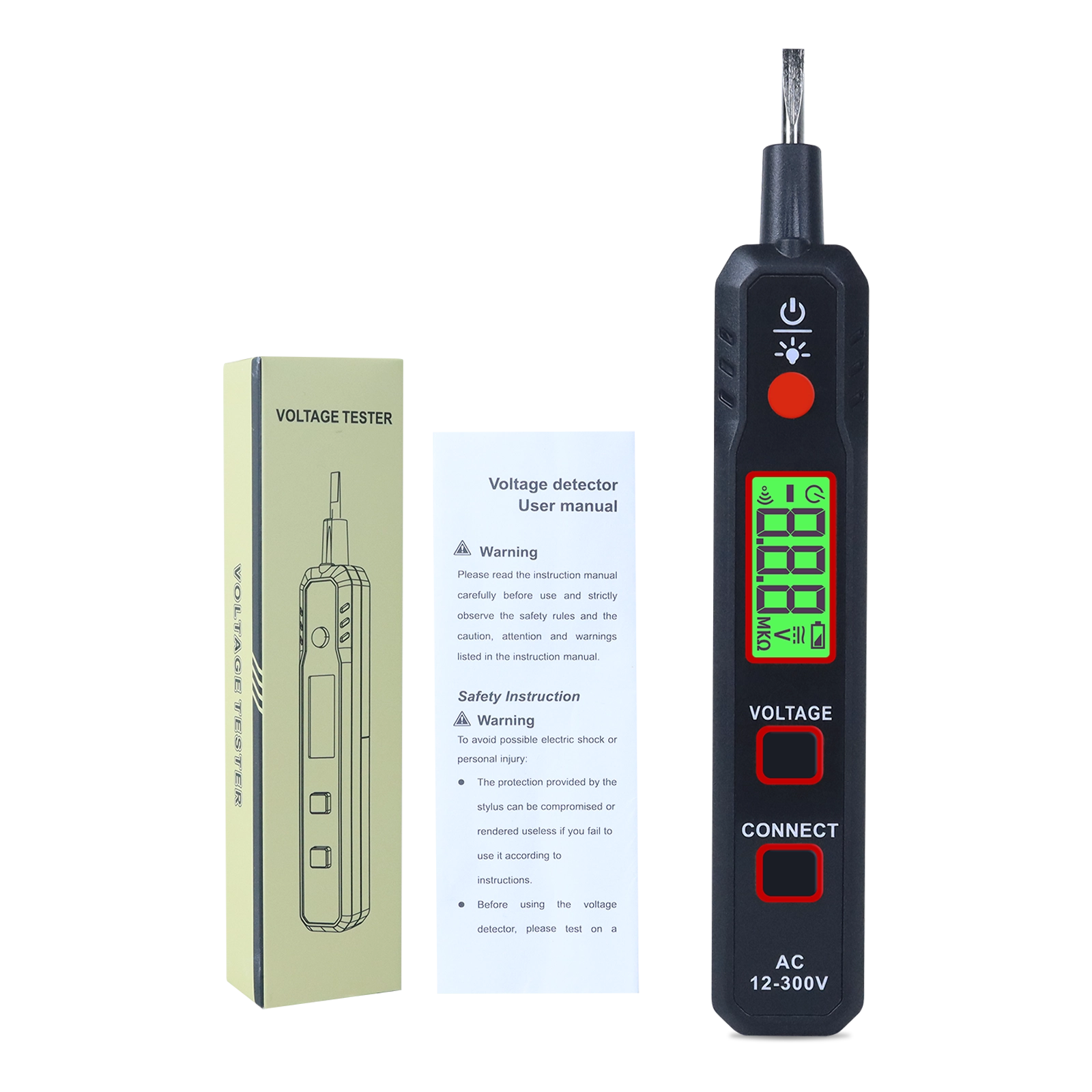Professional digital AC voltage tester pen shown with its retail packaging box and user manual.