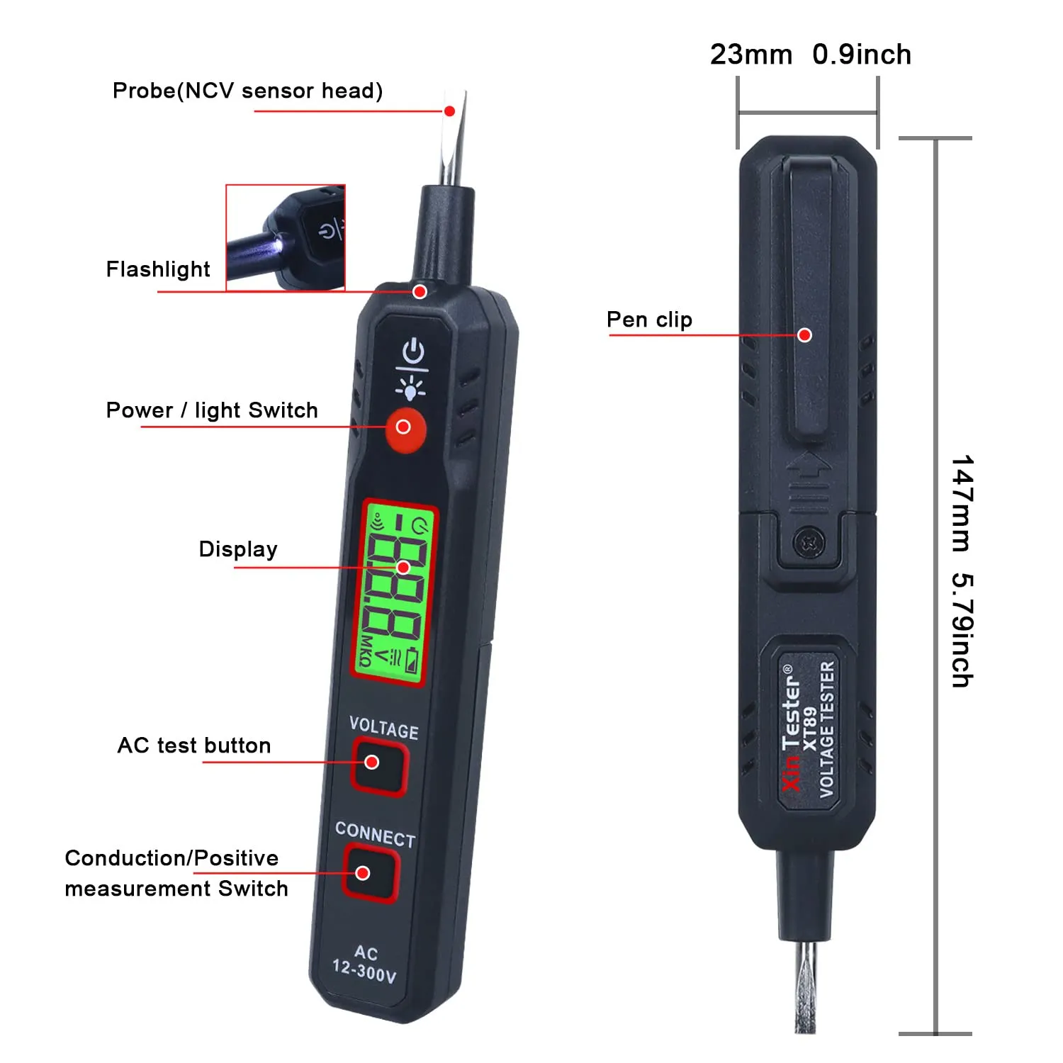 Technical diagram of the voltage tester showing buttons, LCD display, and physical dimensions.