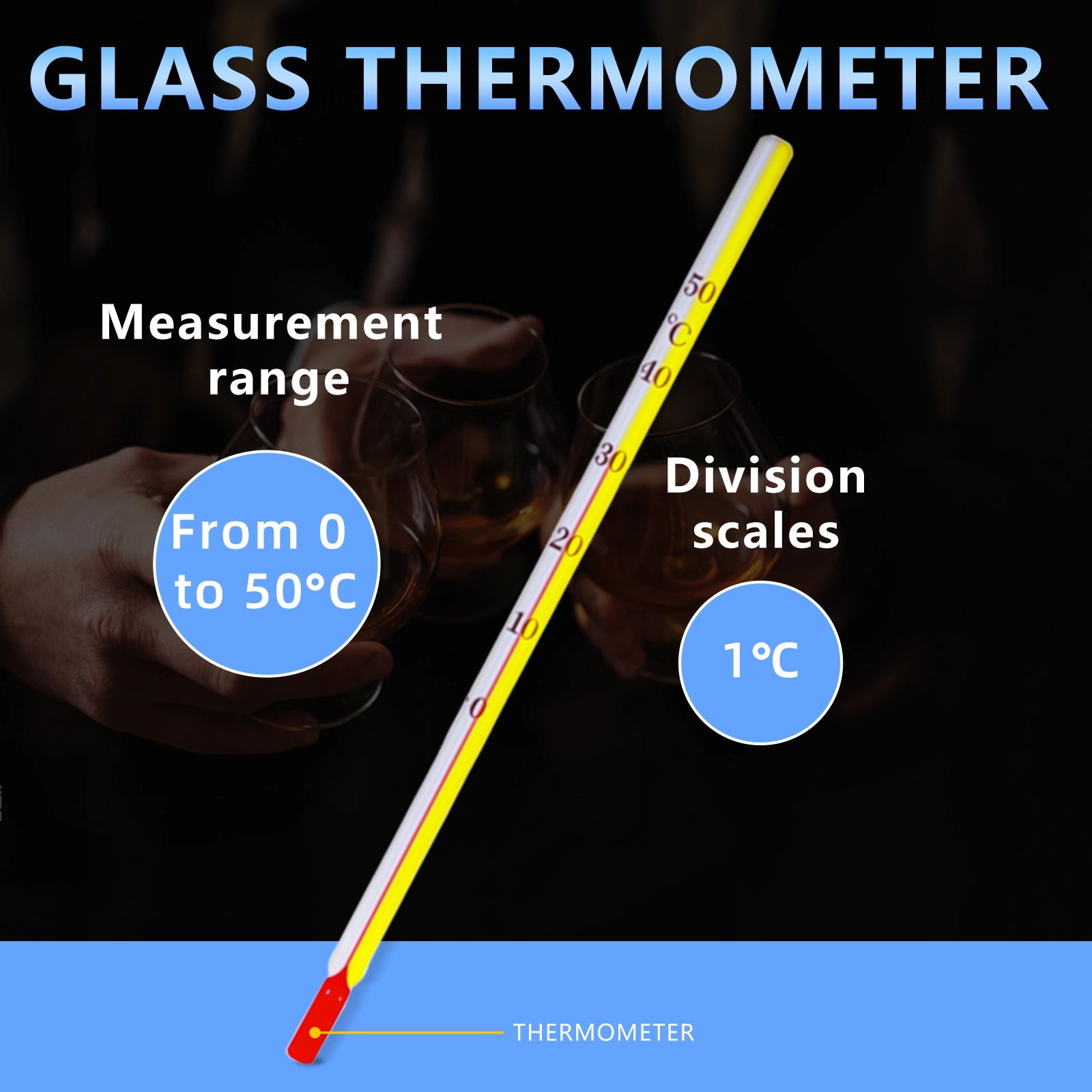 Professional glass thermometer with 0-50 degree Celsius range and 1 degree divisions