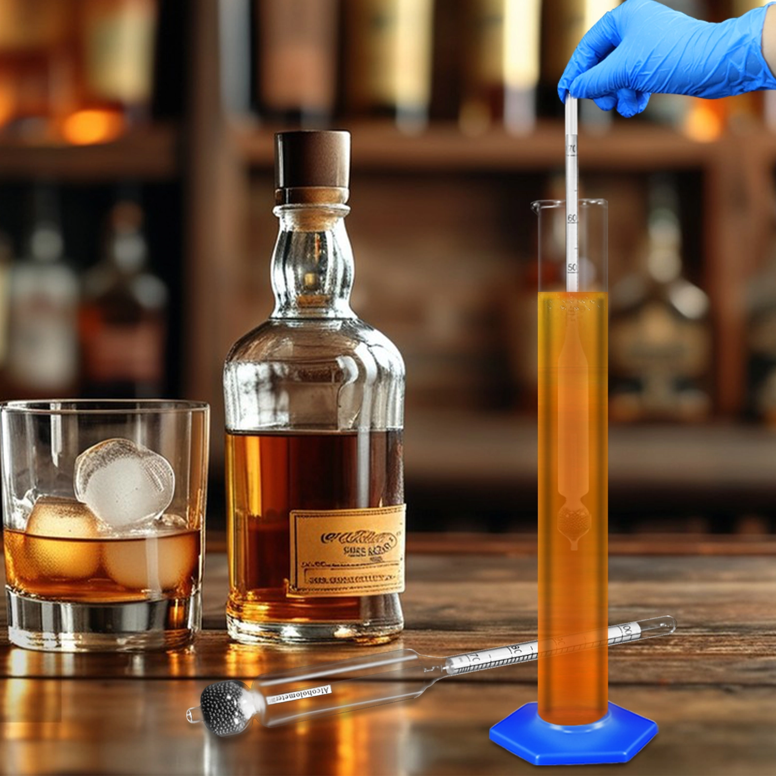 Step-by-step guide for using alcohol meter with whiskey bottle and test jar