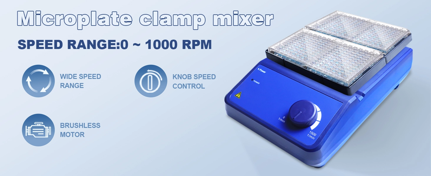 High-Speed Orbital Mixing Microplate mixer infographic showing 0-1500 RPM speed range and brushless motor