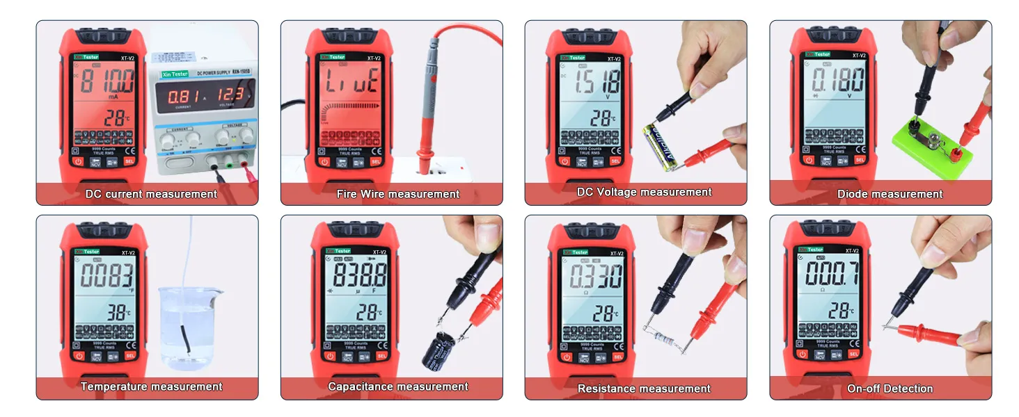 Versatile Measurement Modes Collage of 8 measurement modes including DC voltage and diode test