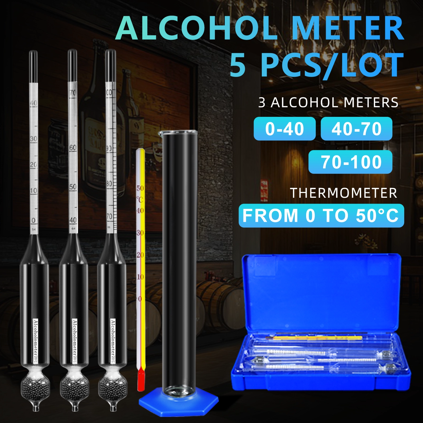Complete 5-piece alcohol meter set including 3 hydrometers, thermometer, and test jar in a blue storage box