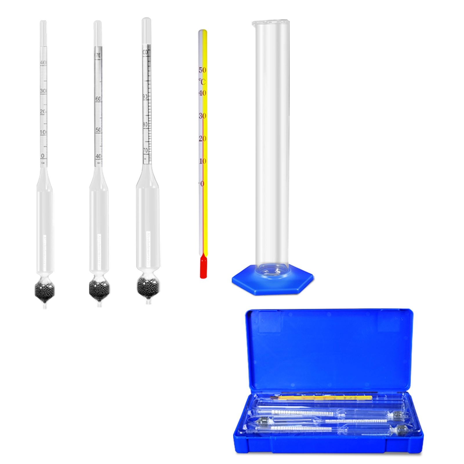 Complete 5-piece alcohol meter set including 3 hydrometers, thermometer, and test jar in a blue storage box