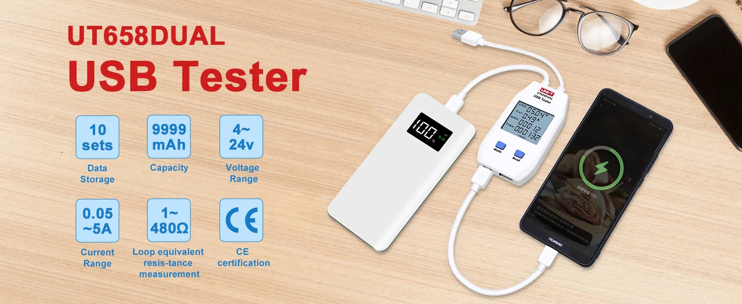 Dual USB Tester technical features and port layout
