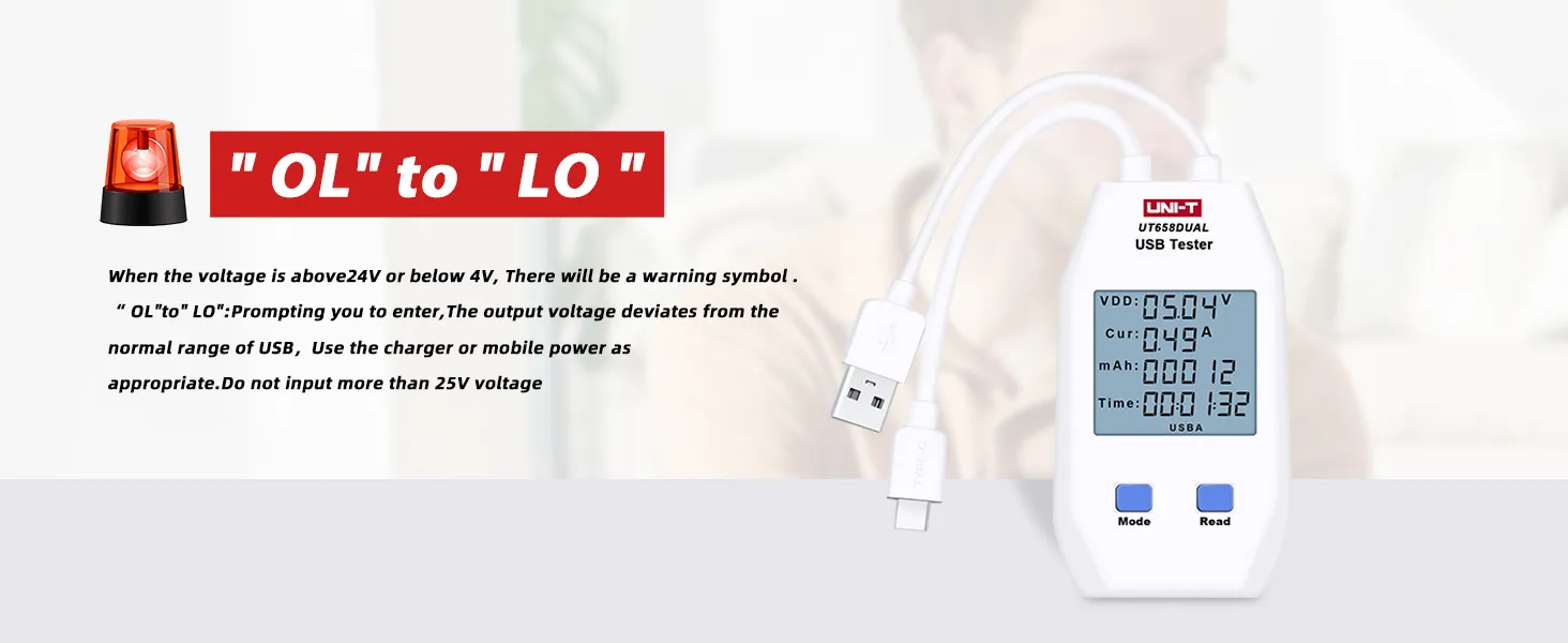 Dual USB Tester warning system for voltage protection