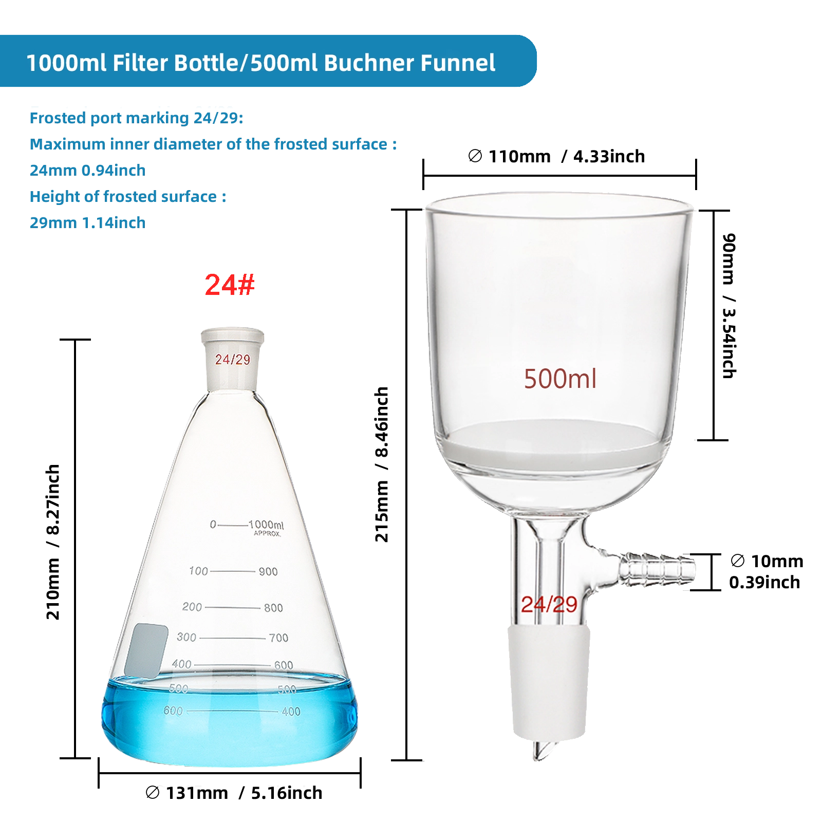 Technical dimensions 1000ml bottle 500ml large funnel