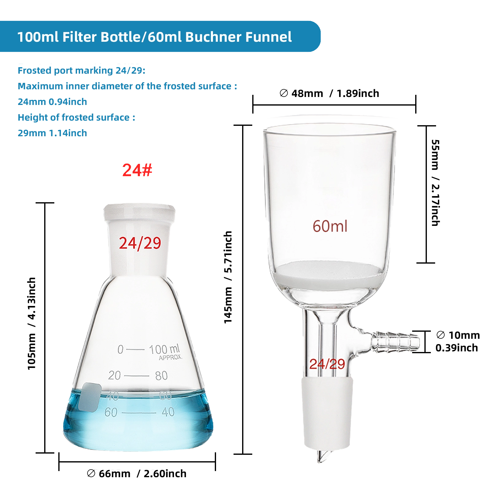 Dimensions for 100ml filter bottle and 60ml sand core funnel