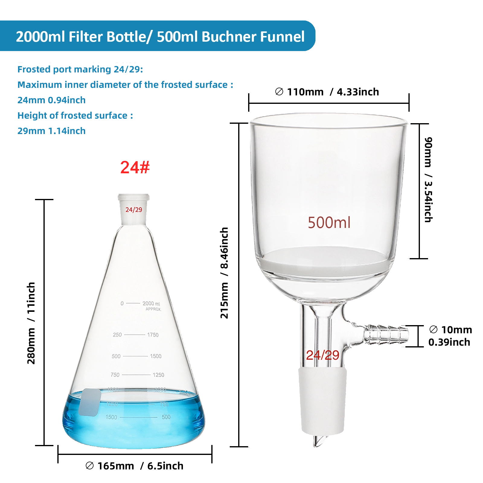 2-Liter filter bottle and 500ml funnel technical drawing
