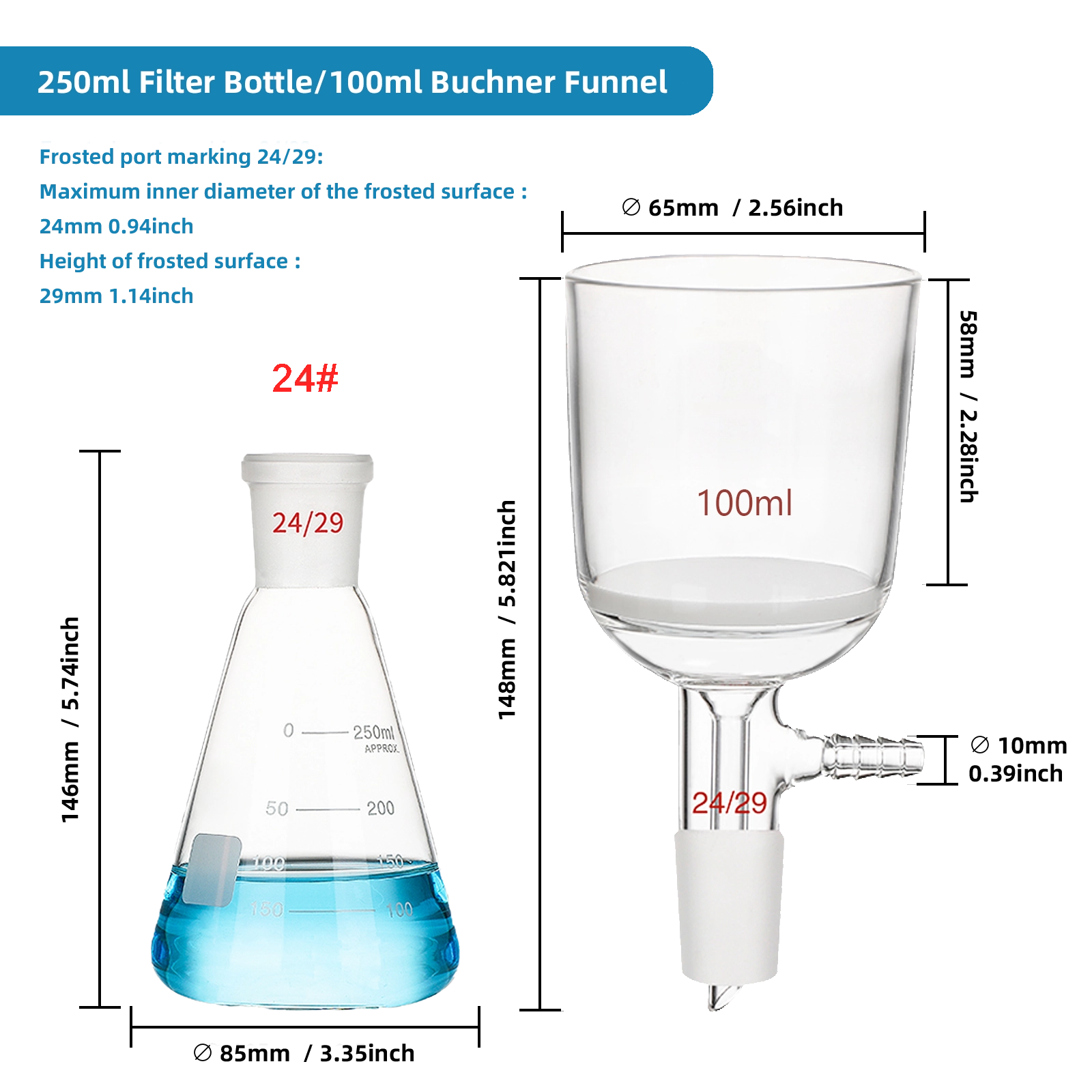 250ml flask and 100ml funnel technical dimensions