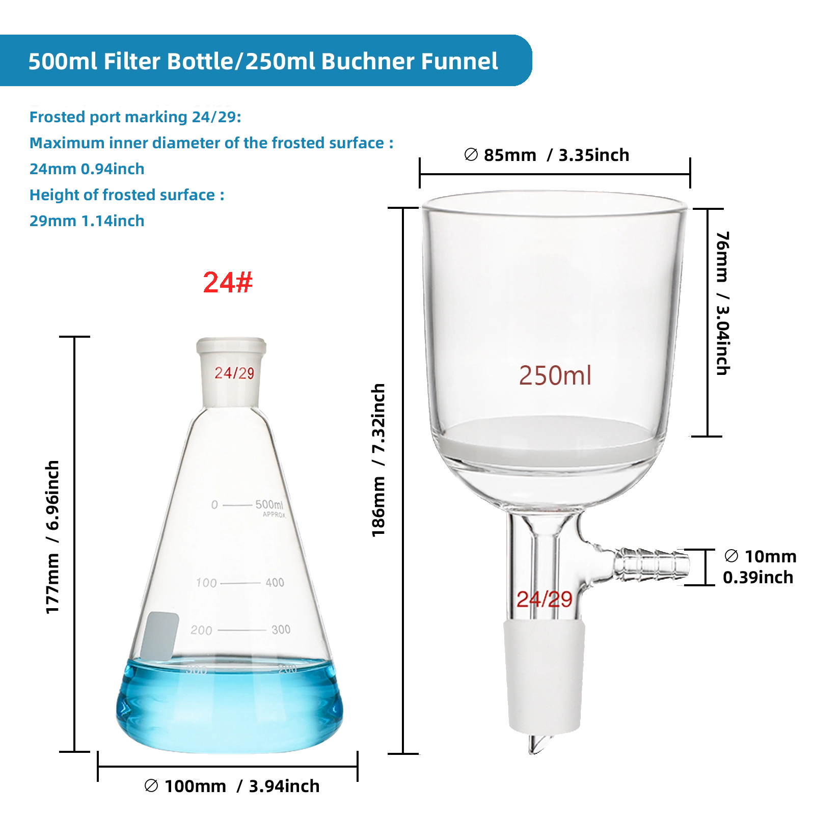 Dimensions for 500ml flask and 250ml sand core funnel