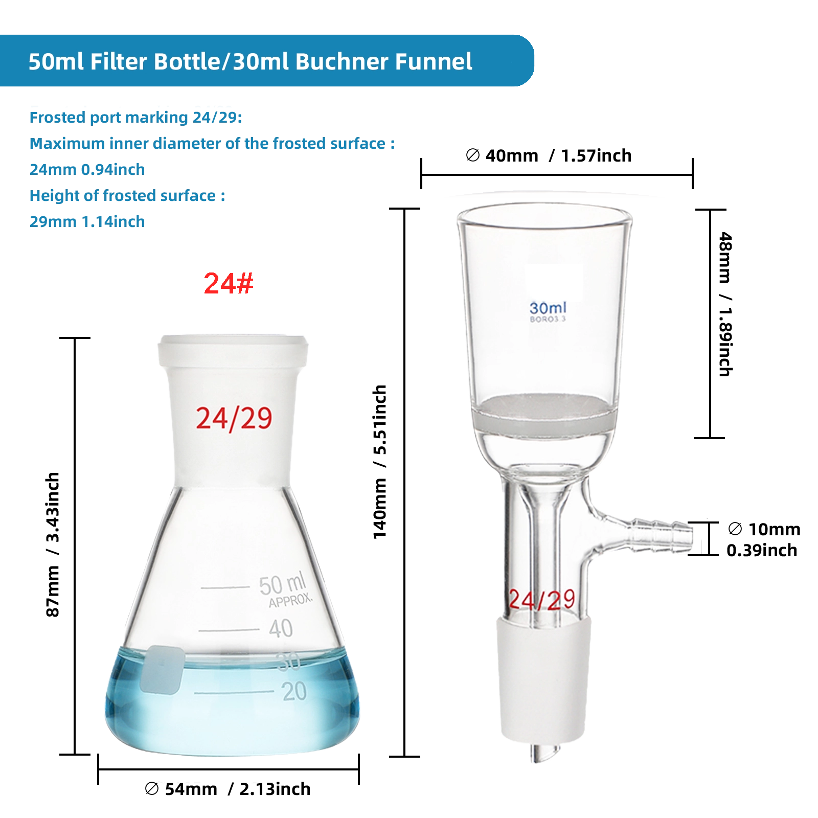 Technical diagram for 50ml flask and 30ml Buchner funnel 24/29 joint