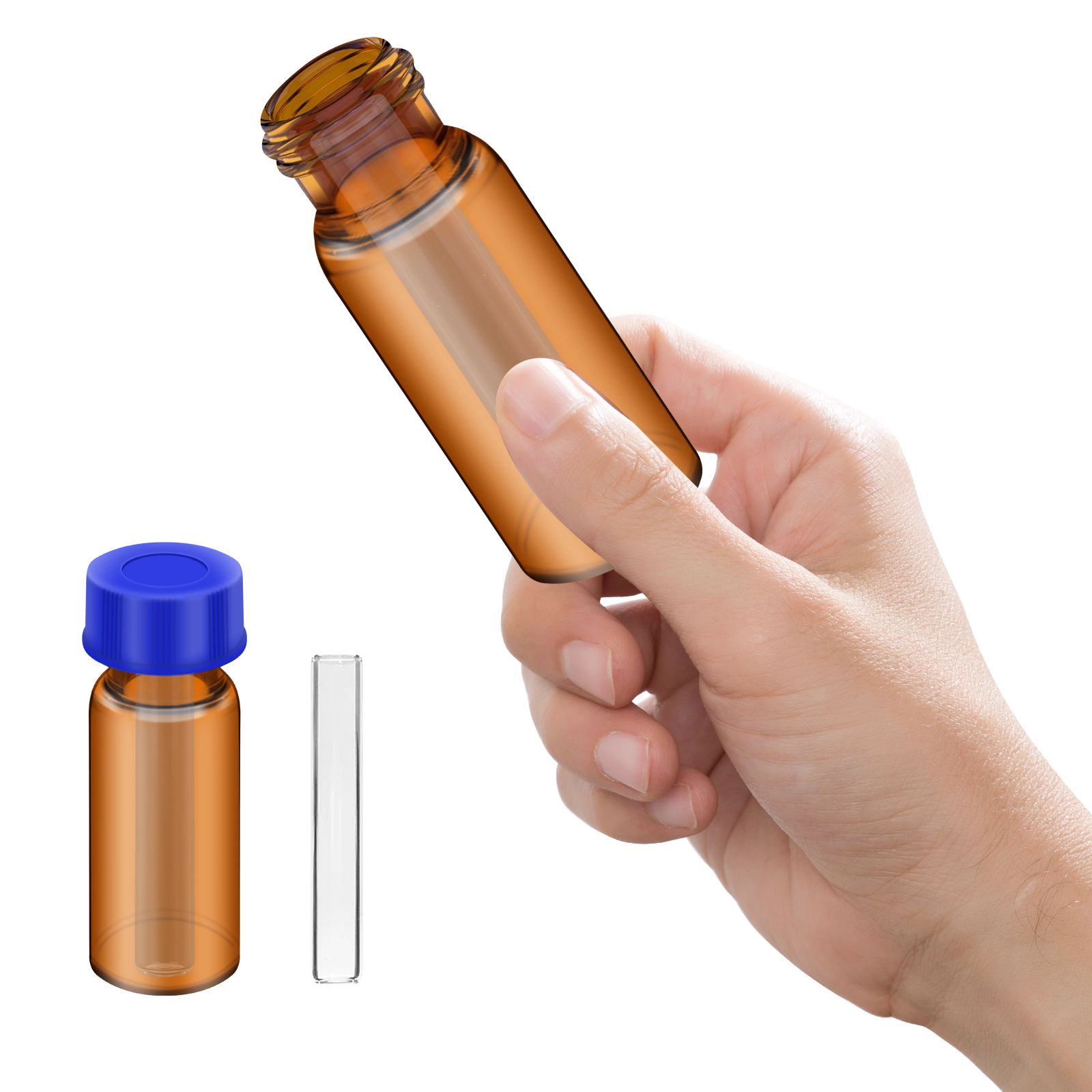Hand holding an amber vial next to a glass micro-insert
