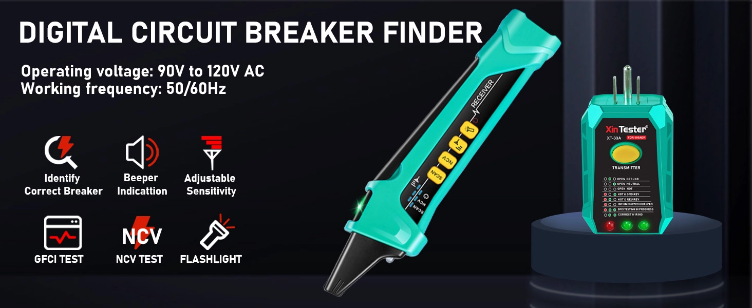 XT-33A digital circuit breaker finder featuring microprocessor control and 90-120V range