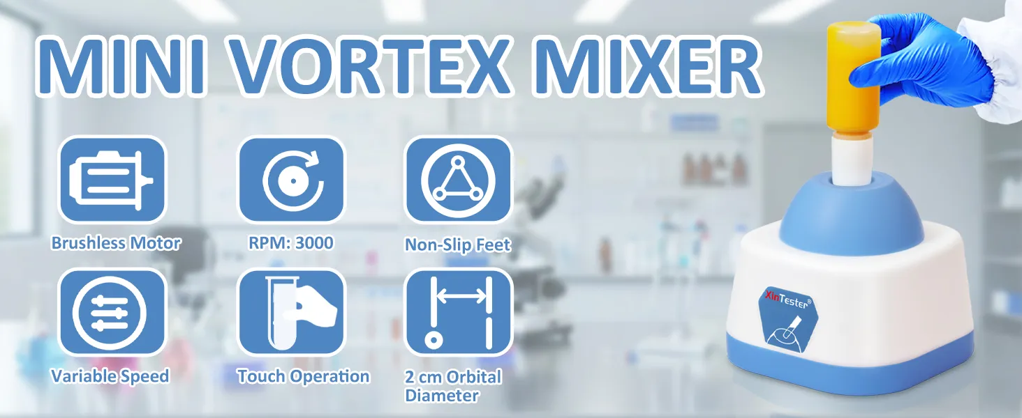High-Speed Touch Mixing XinTester mini lab vortexer featuring 3000 RPM brushless motor