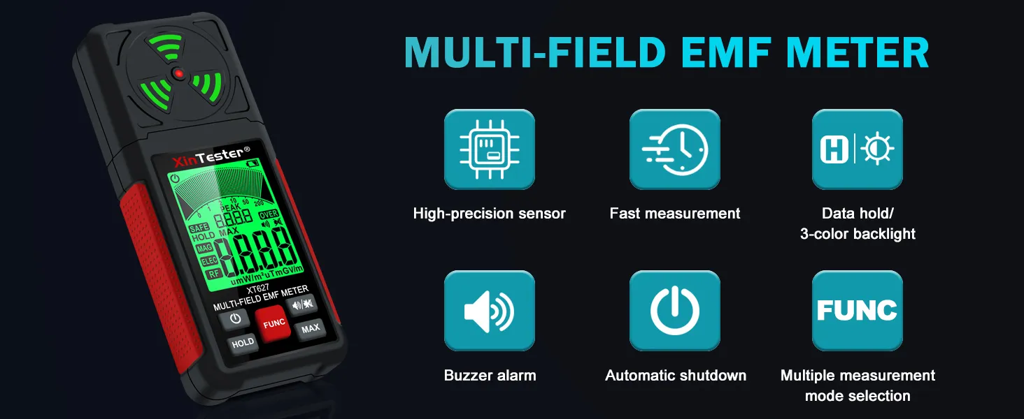 XinTester XT627 3-in-1 EMF Detector Meter showing key features like high-precision sensor, 3-color backlight, and buzzer alarm.