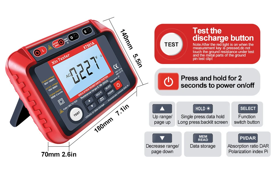 XT501A dimensions and button controls