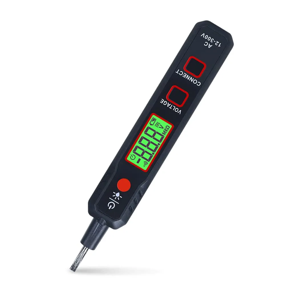Professional digital AC voltage tester pen with green backlit LCD display and 12-300V detection range.