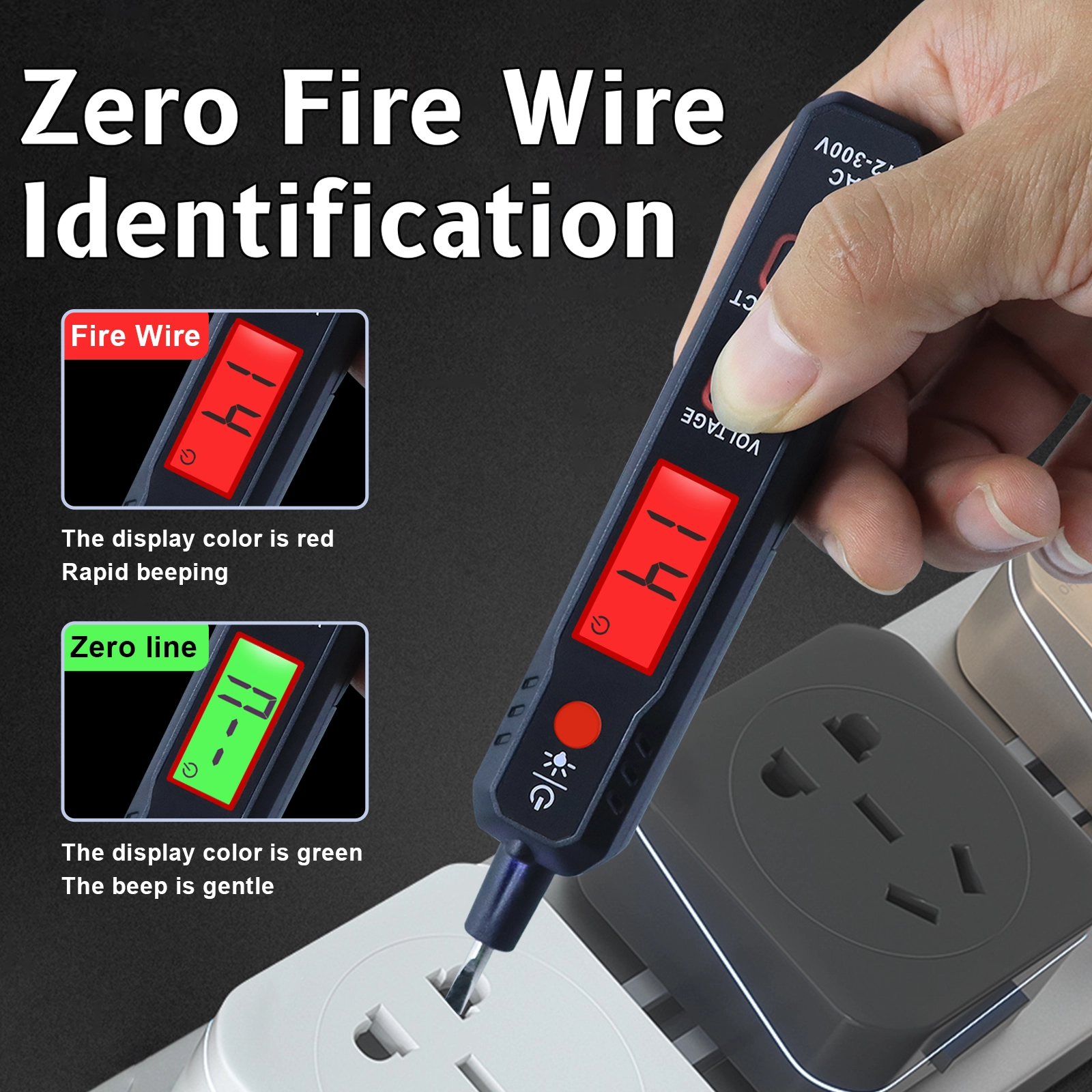 Voltage tester identifying live wire with red screen and neutral wire with green screen.