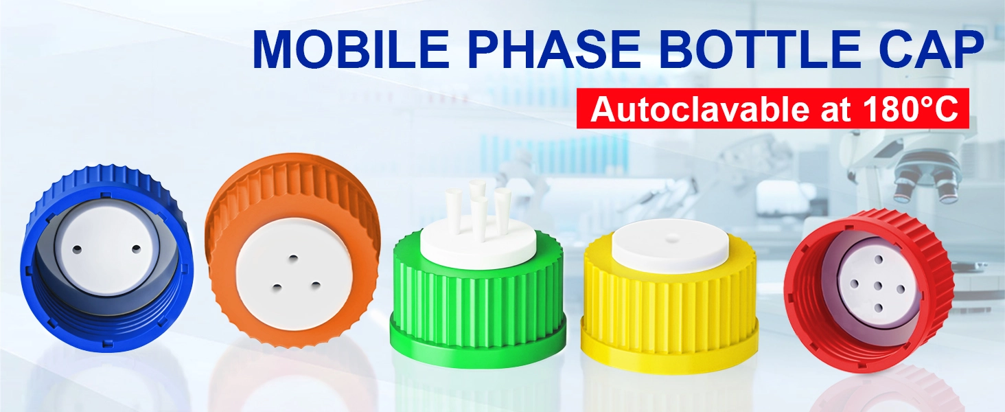 Colorful GL45 mobile phase bottle caps in blue, orange, green, yellow, and red, featuring 180 degree Celsius autoclavable heat resistance.