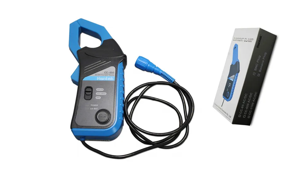 Hantek CC-650 Current Clamp attached to measuring equipment for AC/DC automotive diagnostics