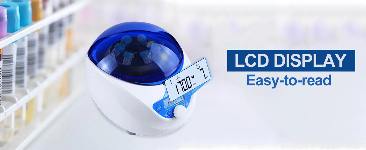 Easy-to-read LCD display on the 5000RPM Benchtop Centrifuge showing current speed and time settings