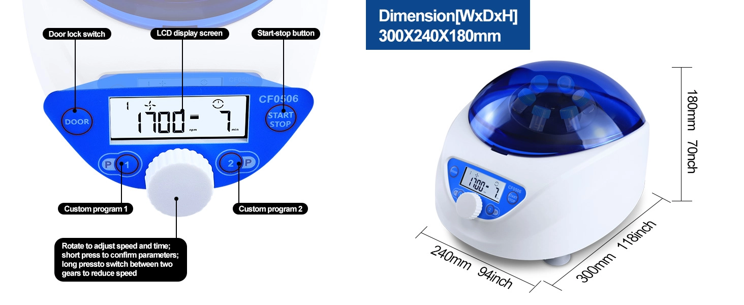 Control panel details and compact dimensions of the 5000RPM Benchtop Centrifuge machine for lab use