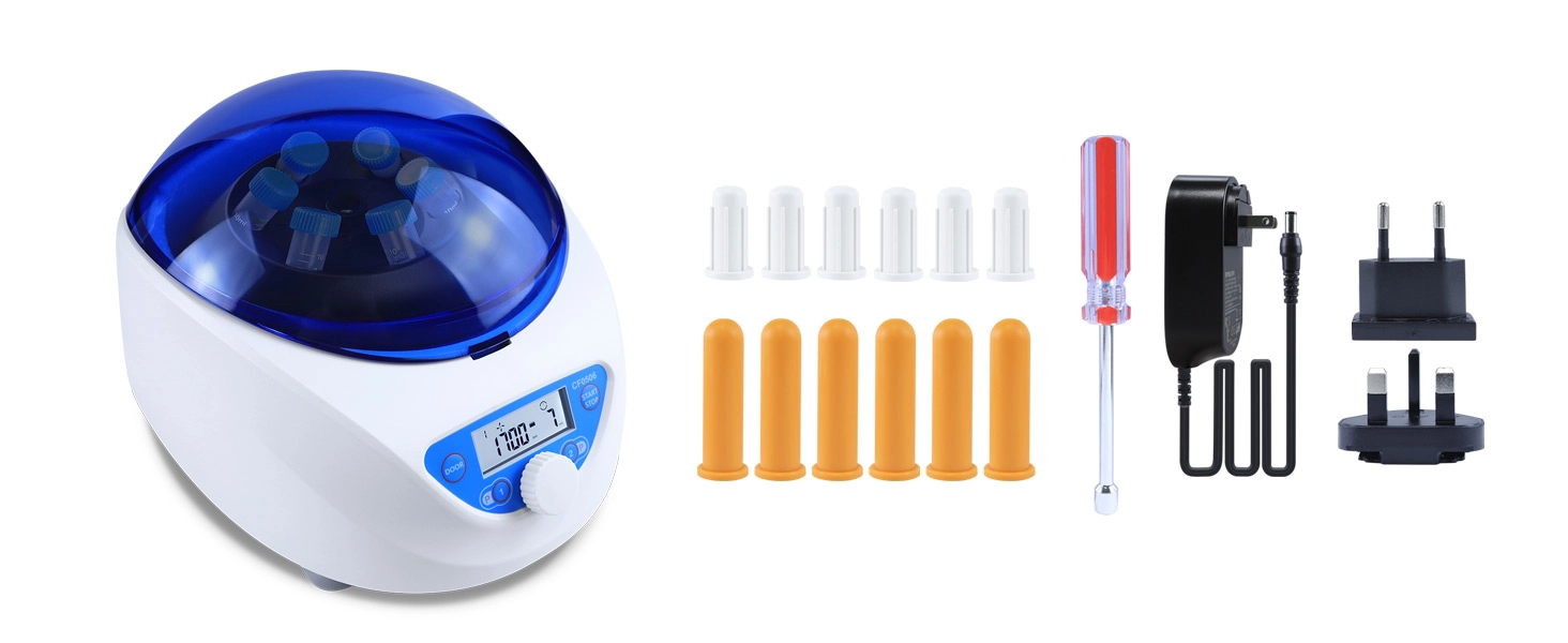 Complete package contents of the 5000RPM Benchtop Centrifuge including tube adapters, screwdriver, and power supply