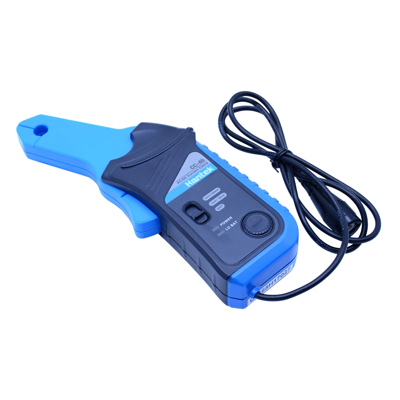 Angled view of the Hantek CC-650 automotive current clamp highlighting the durable BNC connector properly.