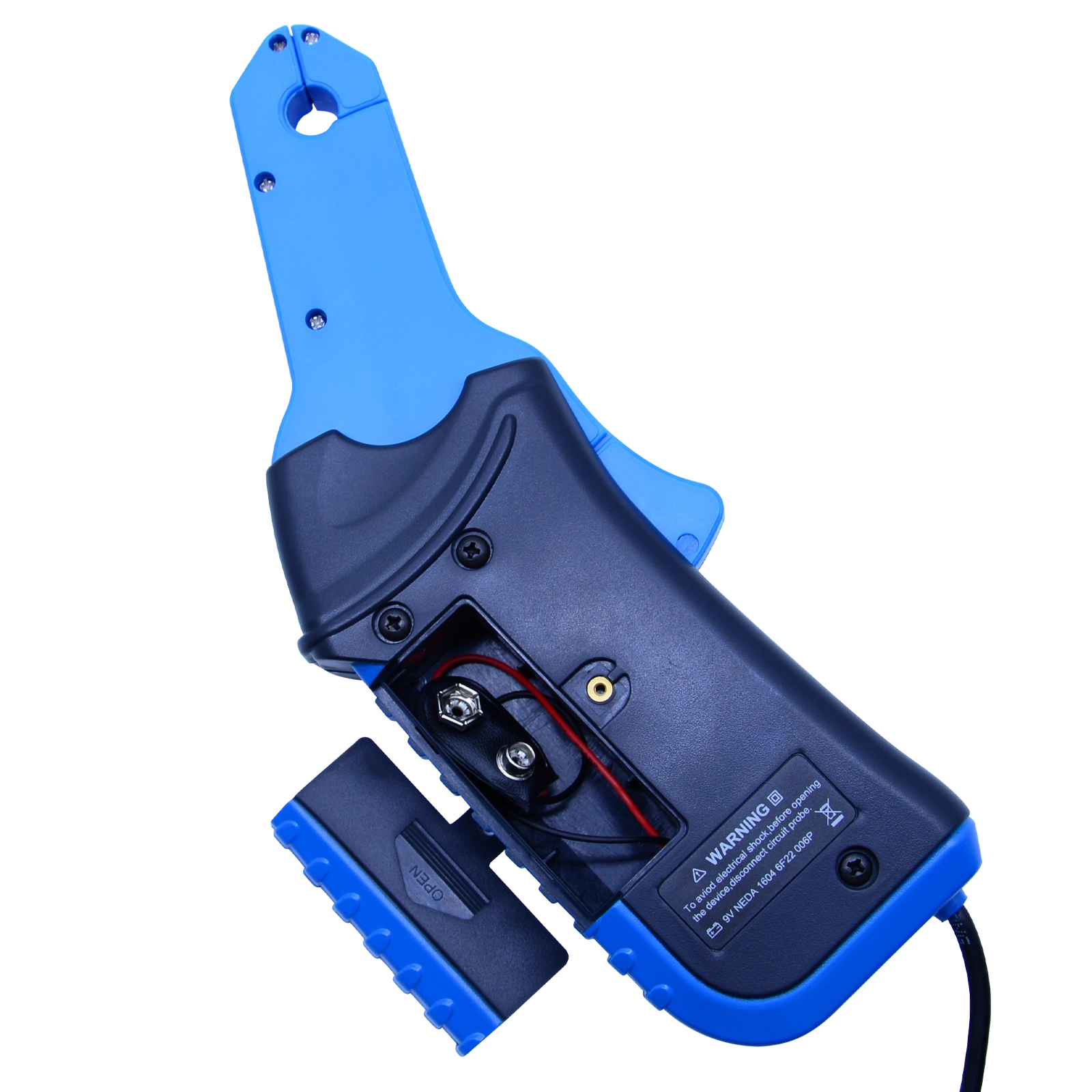 Back view of the Hantek CC-650 current clamp with the battery compartment open showing the 9V power connection perfectly.