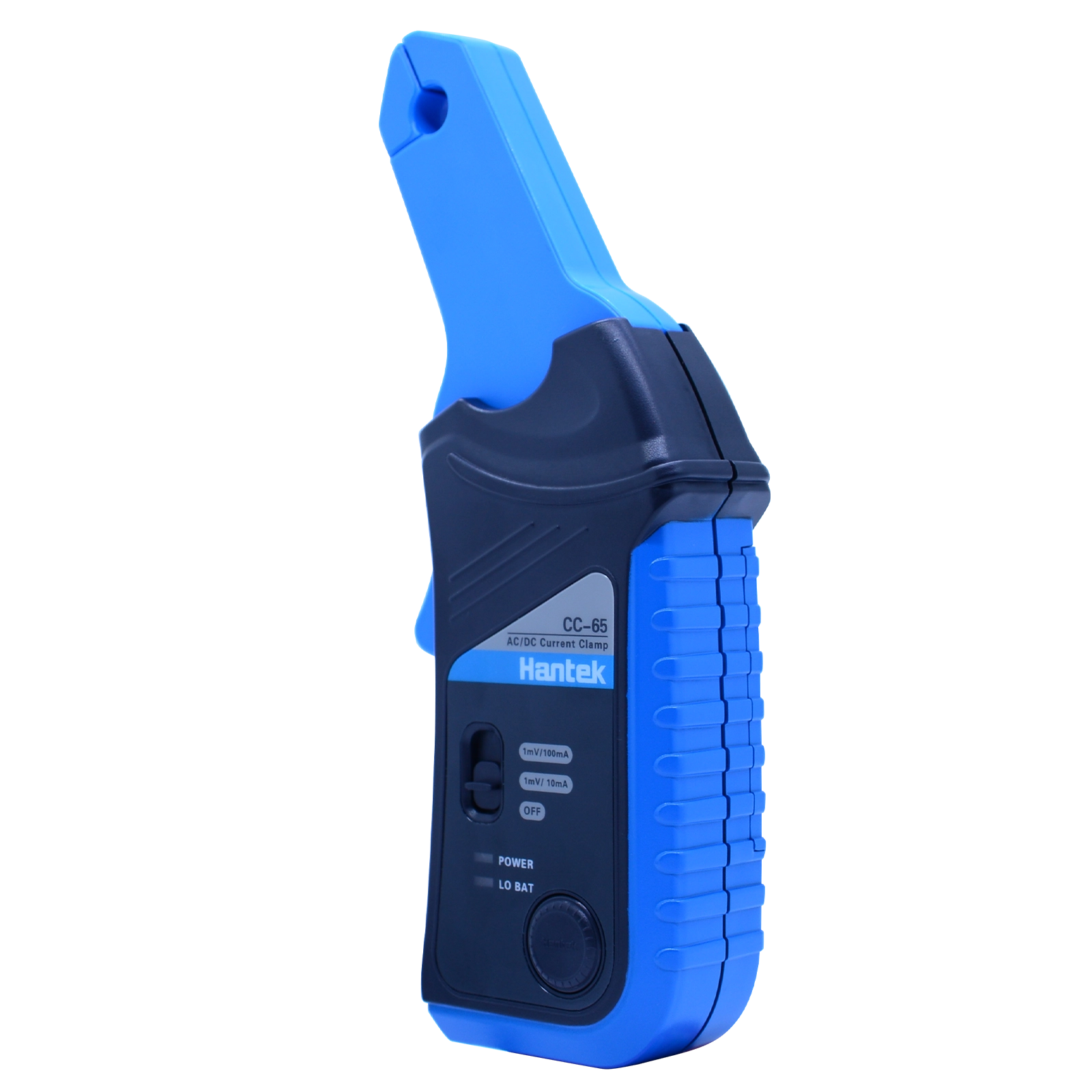 Side profile of the Hantek CC-650 650A current transducer showcasing its ergonomic grip and robust jaw structure securely.