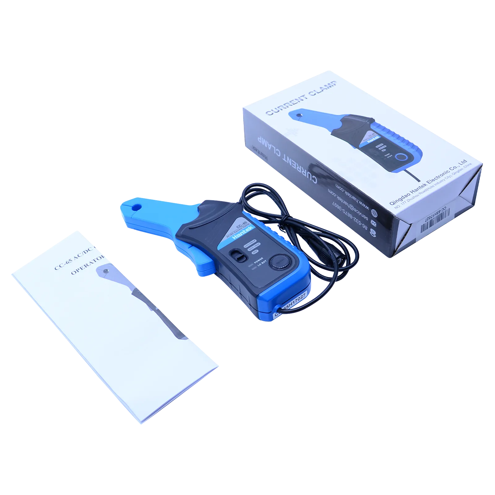 Complete retail package of the Hantek CC-650 AC/DC current clamp including the diagnostic device, user manual, and original box smoothly.
