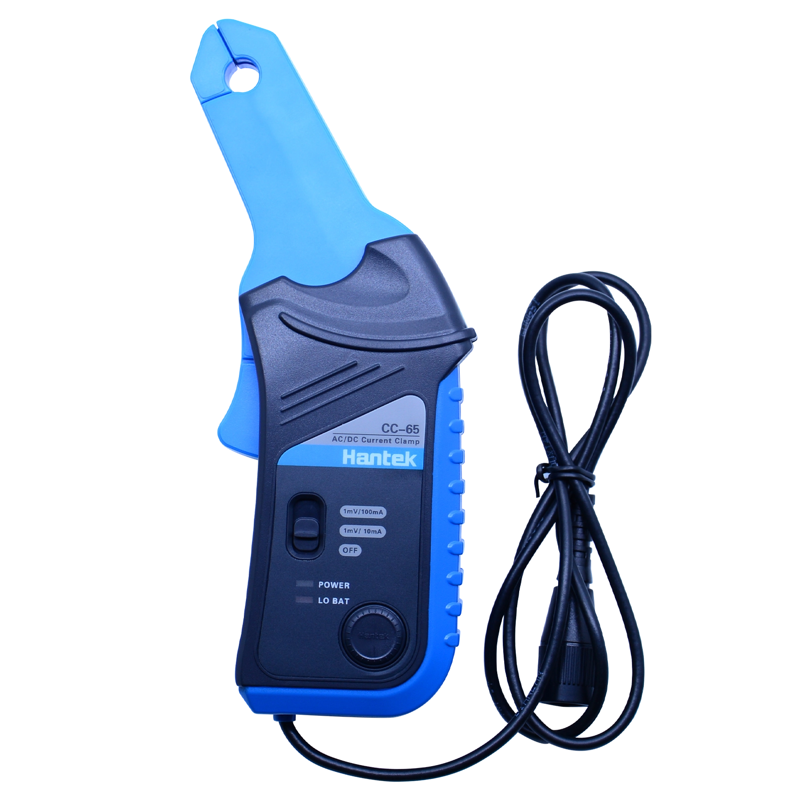 Hantek CC-650 oscilloscope current probe displayed with its integrated BNC connector cable for seamless signal diagnostics smoothly.
