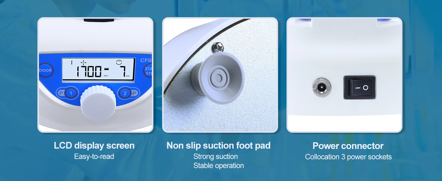 Detail shots of the 5000RPM Benchtop Centrifuge showing non-slip suction foot pads and universal power connector