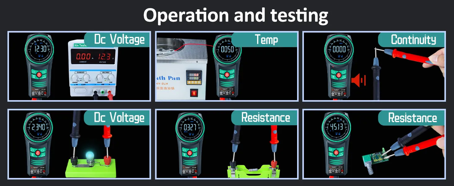 xt-r2 multimeter displaying dc voltage resistance temperature