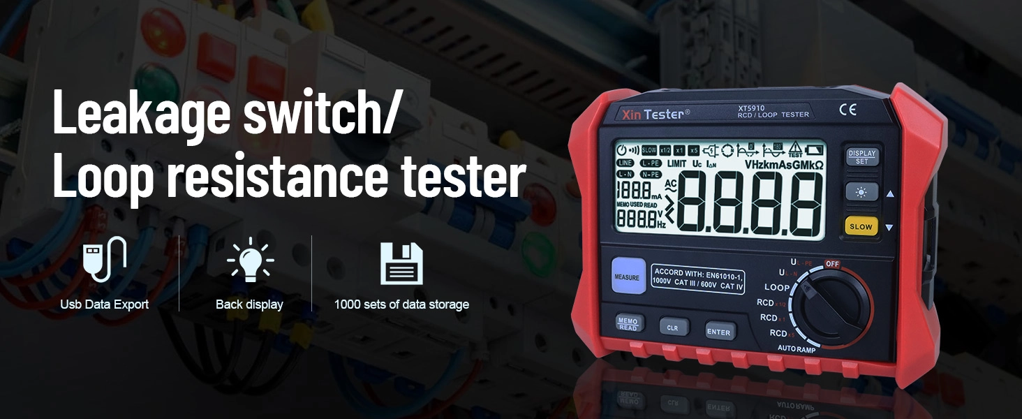 XT5910 RCD Tester Main Features XinTester XT5910 Digital Loop RCD Resistance Tester main features overview banner.