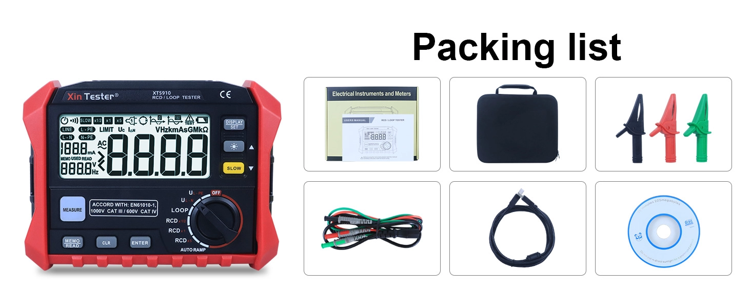 XT5910 RCD Tester Complete Packing List XT5910 Complete Packing List including leads, clamps, batteries, USB cable, and storage case.