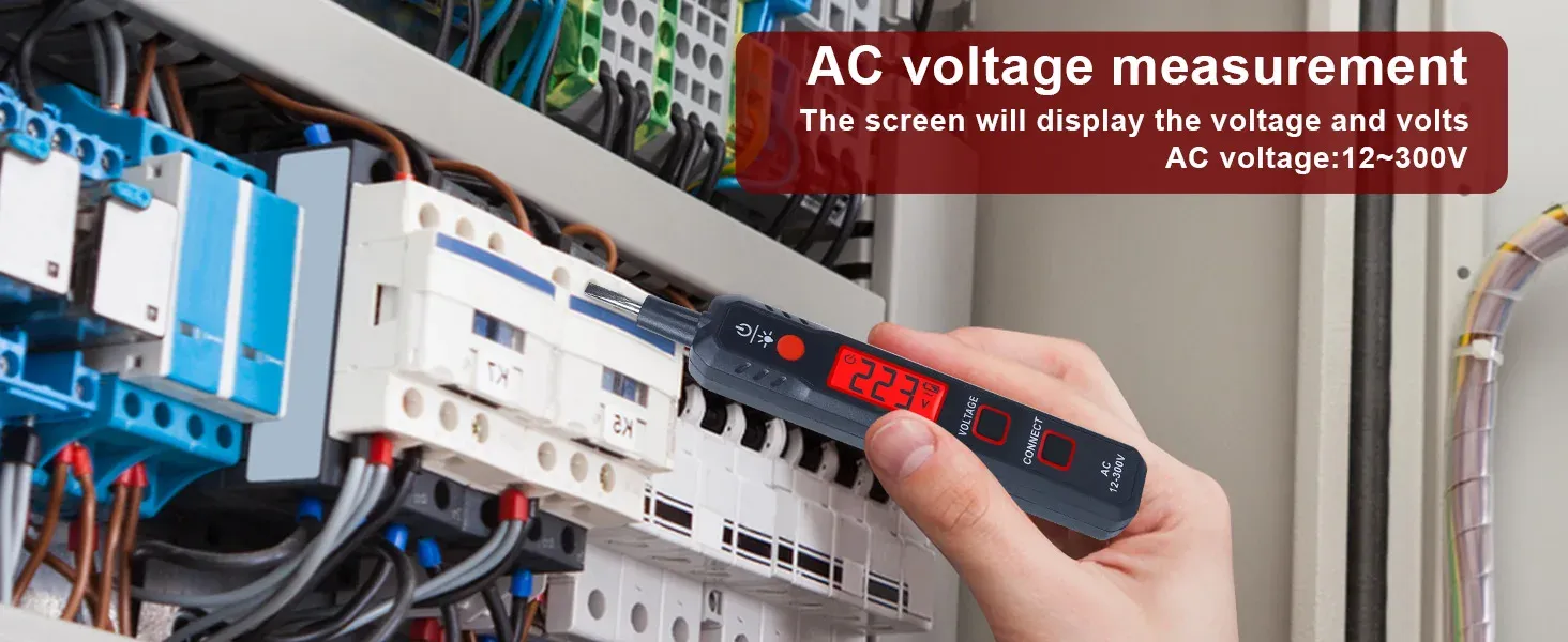 Electrician safely measuring AC voltage in a circuit breaker panel