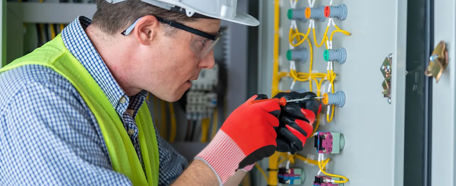 electrician performing panel maintenance with insulated gloves