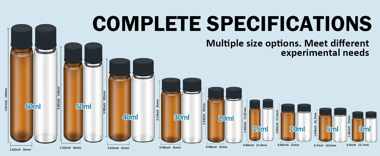 Comprehensive size chart for glass sample vials showing dimensions for 3ml to 60ml capacities.